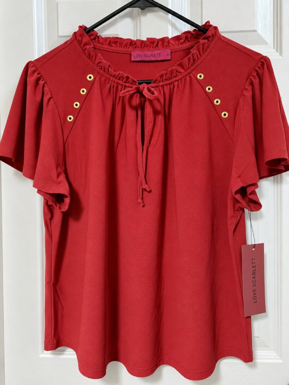 Sun-Dried Tomato Ruffle Tie Neck Blouse Gold Eyelet Short Sleeve Size L/G - Picture 5 of 11